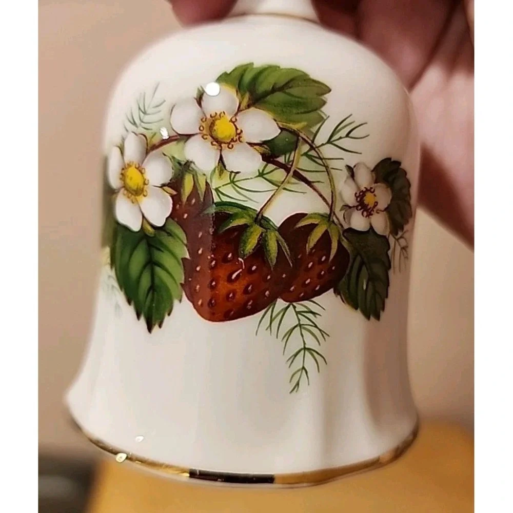 Vintage Porcelain Hand Bell Strawberries Floral Gold Accent‎ Decorative